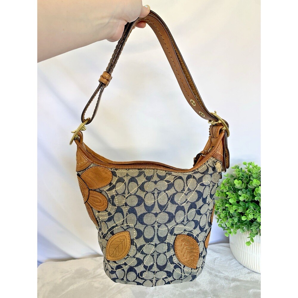 COACH Bleecker Denim 11781 Vachetta Leather Floral Applique Duffle Bag RARE - Picture 3 of 17